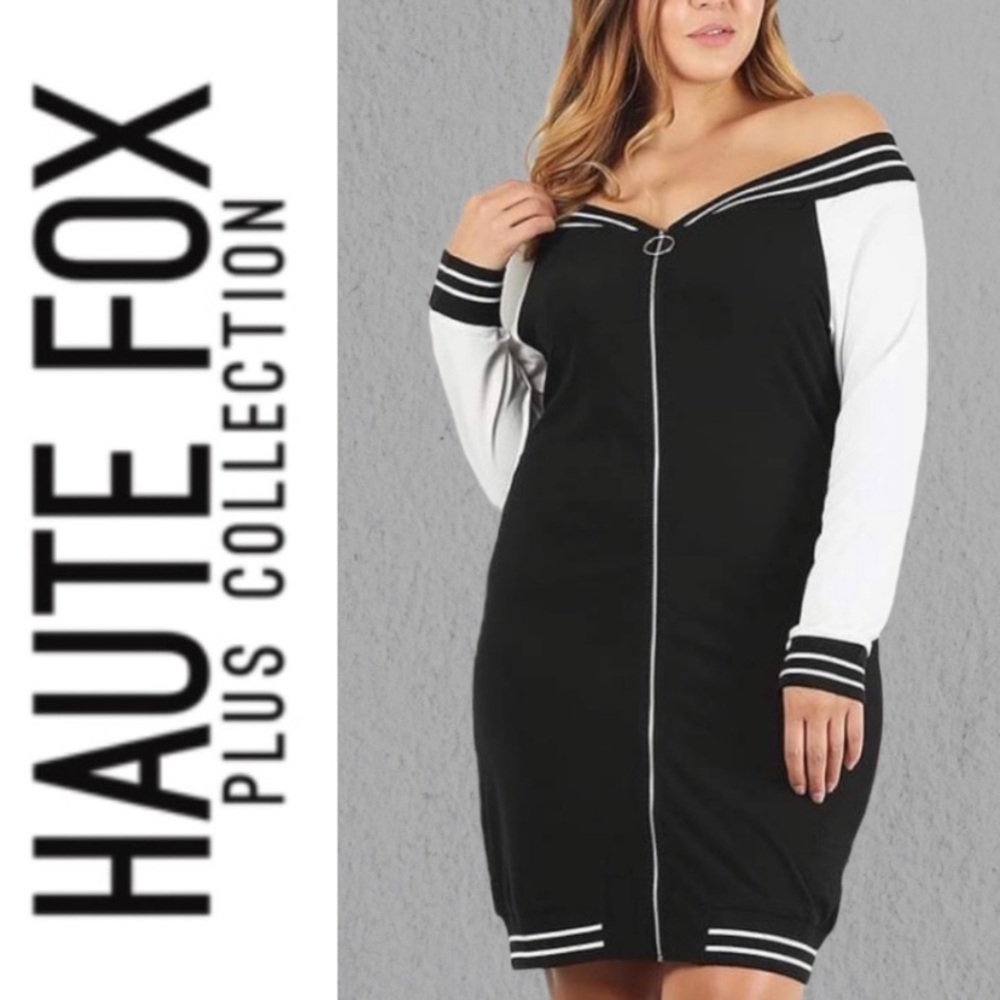 "Haute Fox" black velour full zip off the shoulder dress w/ striped rib trim- 3X